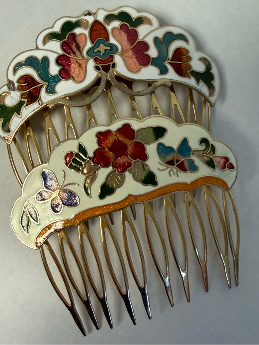 VINTAGE 5 Floral Cloisonné Hair Combs - Picture 5 of 7
